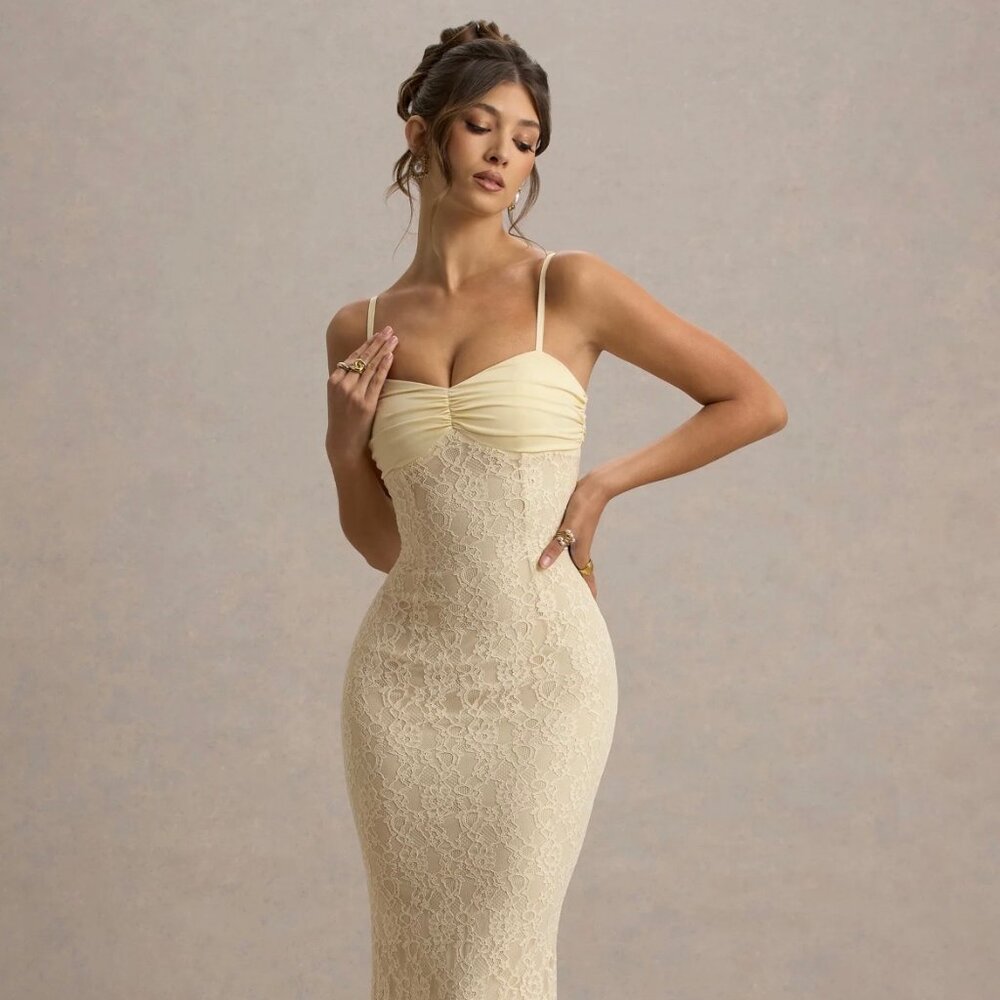 Pale Lemon Satin Sweetheart Maxi Dress with Lace Details - Picture 1 of 4